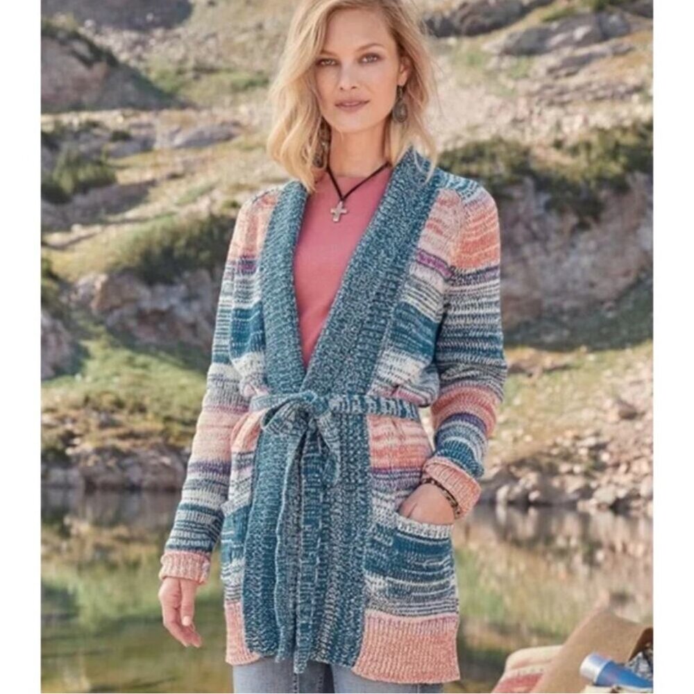 Sundance Silk Blend Knit Hayden Long Line Cardigan grannycore XL stripe spring